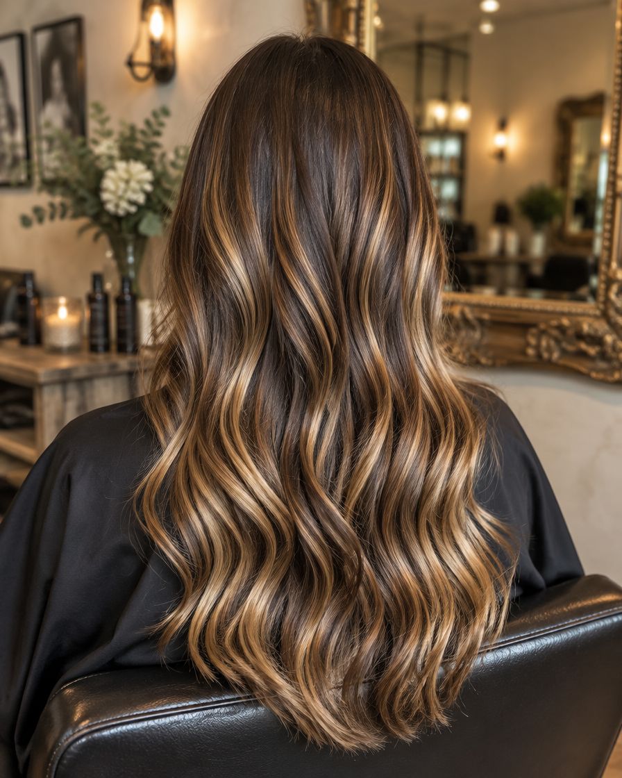 Long brunette hair with caramel balayage waves