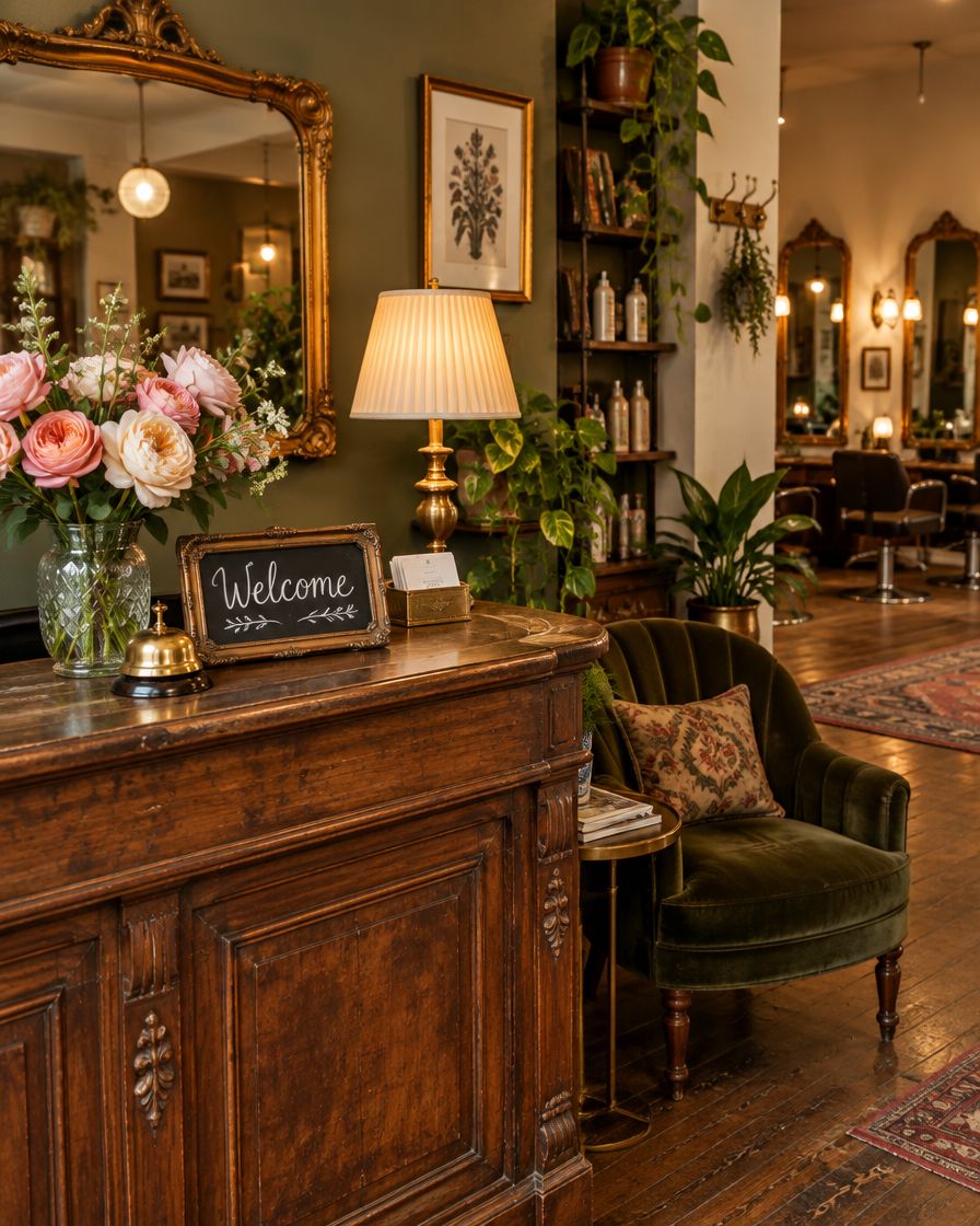 Antique reception desk with fresh roses and a welcome sign