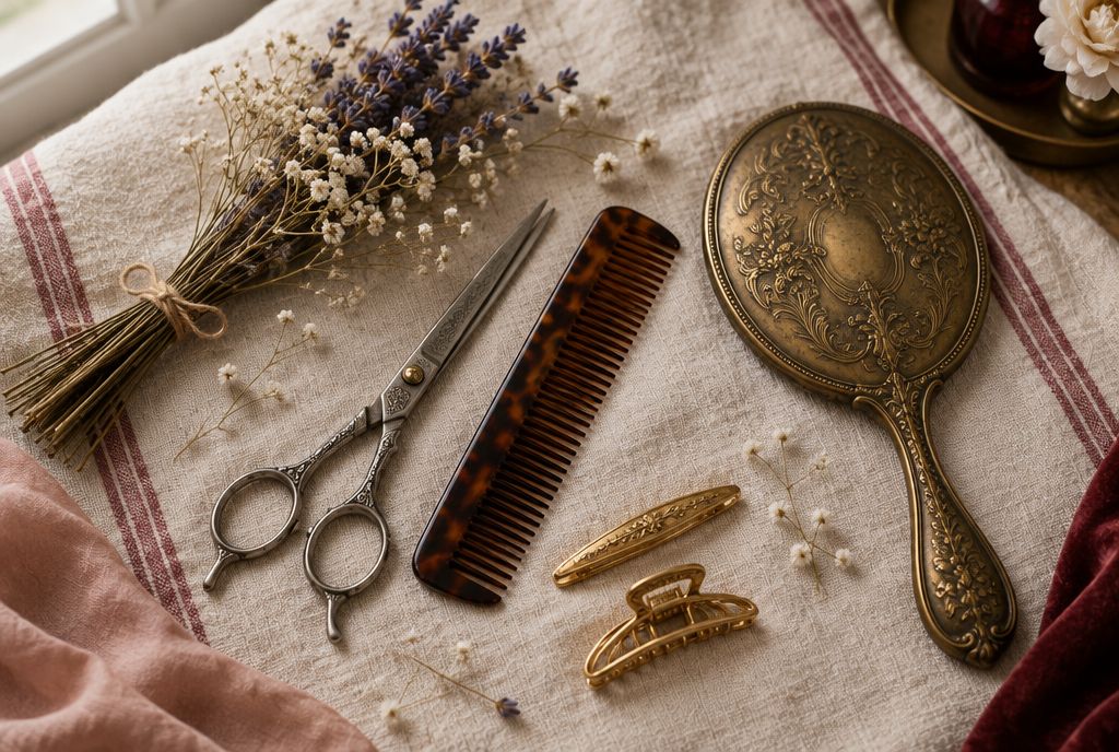 Vintage shears, comb, gold clips and a brass hand mirror on linen