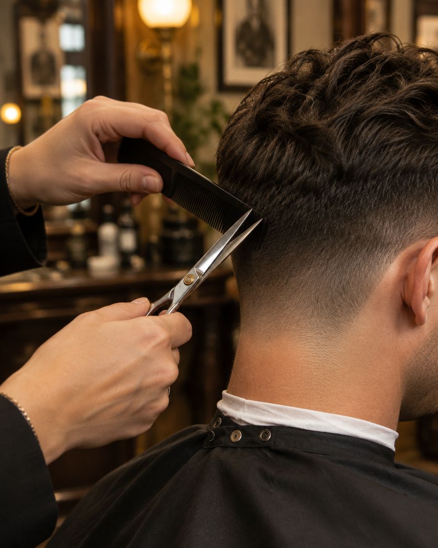 Tapered men's haircut with shears and comb