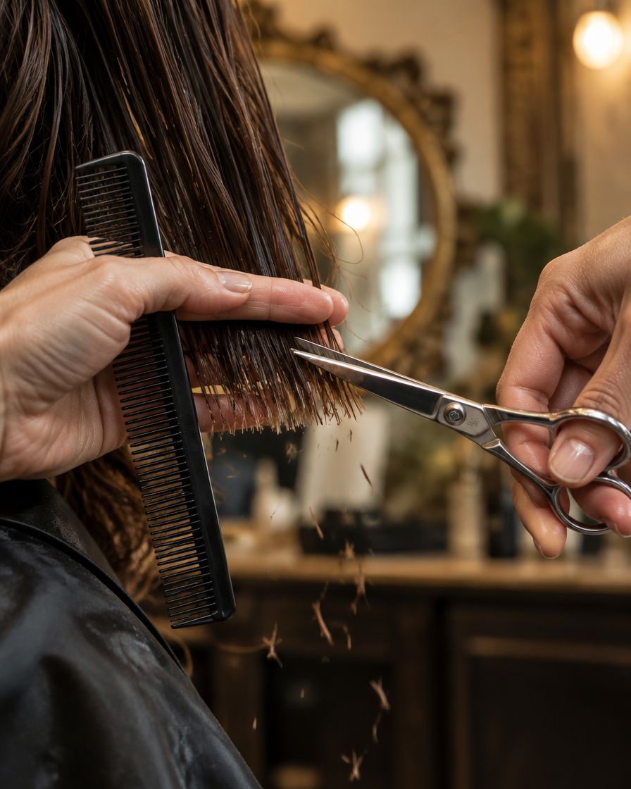 Stylist trimming damp hair with shears and comb