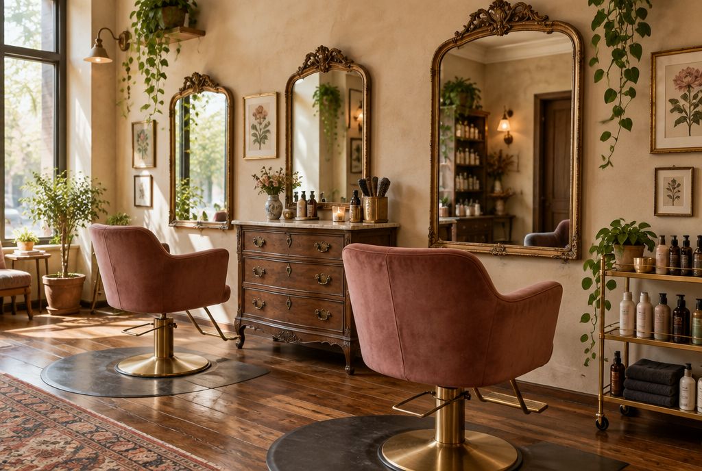 Velvet styling chairs and gold-framed mirrors in a boutique salon
